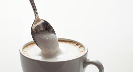 Close-up of a spoon stirring frothy coffee in a white cup with copy space
