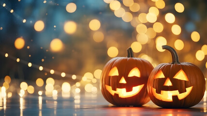 halloween festival. Two glowing pumpkins with bokeh lights in the background.