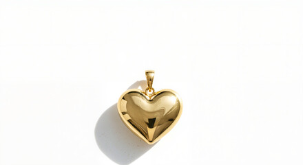 Shiny gold heart pendant on a white background with soft shadows and copy space