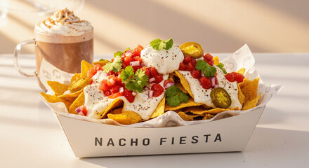 Delicious nachos topped with salsa, jalapenos, and cream served in a tray with copy space