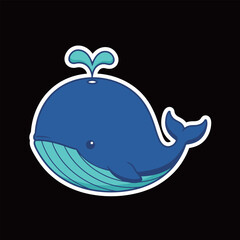 Adorable cartoon blue whale sticker with a water spout, vector illustration with a white outline, representing marine life, ocean, and large sea animals.