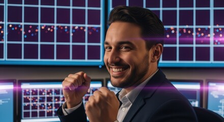 Man celebrates success. Man celebrates success in front of multiple computer screens with stock data, wearing a suit and expressing joy.
