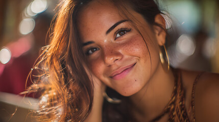 friendly hispanic young woman smiling warmly at the camera with natural charm positive vibe and soft daylight creating a simple elegant and cheerful portrait