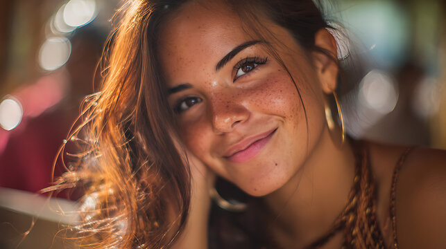 friendly hispanic young woman smiling warmly at the camera with natural charm positive vibe and soft daylight creating a simple elegant and cheerful portrait