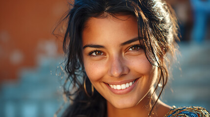 friendly hispanic young woman smiling warmly at the camera with natural charm positive vibe and soft daylight creating a simple elegant and cheerful portrait