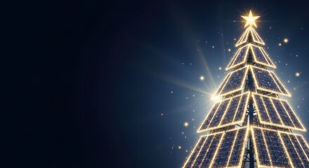 Christmas tree composed of light and shadow against a dark background is perfect for holiday videos. Elegant Christmas tree symbolizes festive spirit, with star topper and glowing edges,