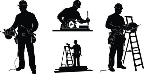 Construction worker using circular saw silhouette set, industrial power tool illustration, job site ladder scenes, carpentry cutting equipment vector