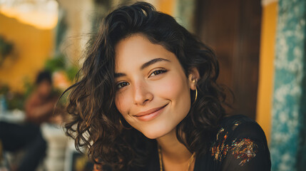 friendly hispanic young woman smiling warmly at the camera with natural charm positive vibe and soft daylight creating a simple elegant and cheerful portrait