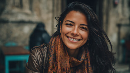 hispanic young woman smiling at the camera with soft natural lighting warm tones and a genuine expression creating a modern portrait full of charm and positivity
