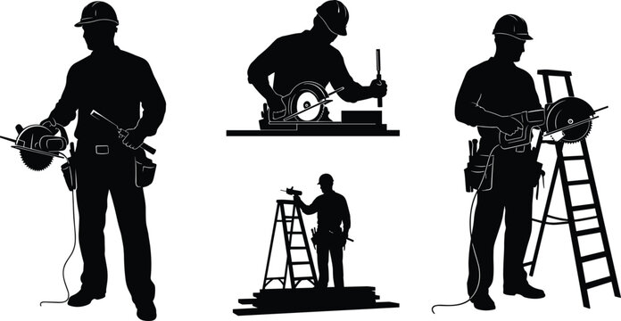 Construction worker using circular saw silhouette set, industrial power tool illustration, job site ladder scenes, carpentry cutting equipment vector