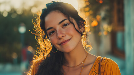 hispanic young woman smiling at the camera with soft natural lighting warm tones and a genuine expression creating a modern portrait full of charm and positivity