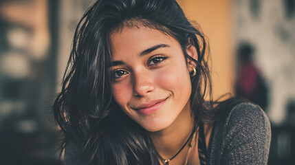young hispanic woman with radiant smile looking directly at the camera capturing confidence happiness and modern beauty in a fresh portrait scene