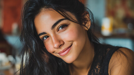 young hispanic woman with radiant smile looking directly at the camera capturing confidence happiness and modern beauty in a fresh portrait scene