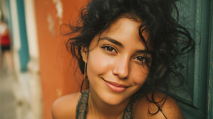 natural looking hispanic woman smiling brightly at the camera with youthful glow cheerful energy and relaxed style creating a simple clean and appealing portrait