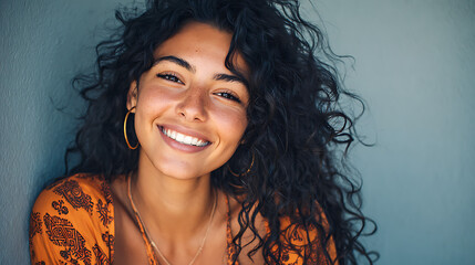 natural looking hispanic woman smiling brightly at the camera with youthful glow cheerful energy and relaxed style creating a simple clean and appealing portrait
