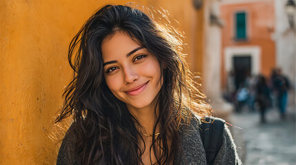 natural looking hispanic woman smiling brightly at the camera with youthful glow cheerful energy and relaxed style creating a simple clean and appealing portrait