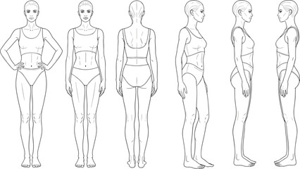 Fashion figure template set, female model croqui, front, back, side view, technical drawing, fashion sketch, vector, isolated collection.
