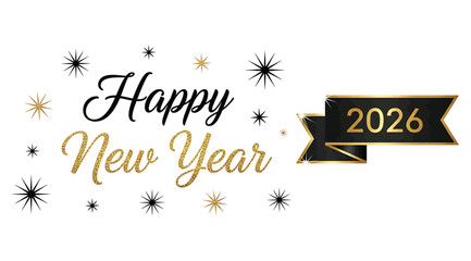 Obraz premium Happy new year 2026 text with sparkling stars and confetti, isolated on