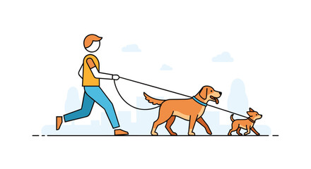 Energetic person joyfully walking two happy dogs on a sunny day in a modern urban park setting