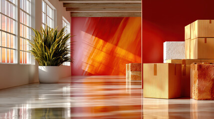 Sunlit warehouse interior with potted plant and stacked wooden crates near large windows and a vibrant red wall