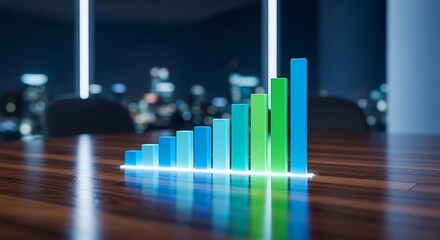 A 3d render of a bar graph showing growth on a wooden table in a modern office at night, symbolizing business success and financial progress