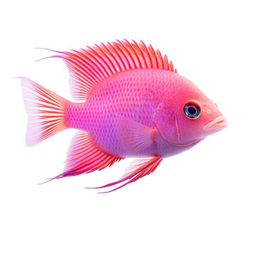 A captivating pink ram cichlid, apistogramma ramirezi, glides through the water, its delicate fins trailing behind, isolated on transparent background