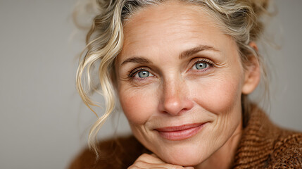 mature woman smiling softly at the camera with gentle expression positive mood and refined charm creating a calm authentic and elegant portrait