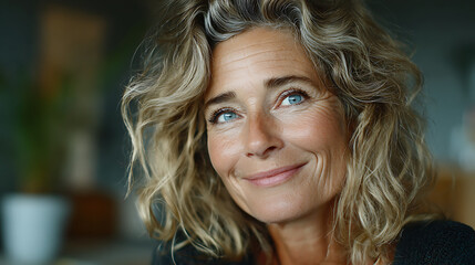 mature woman smiling softly at the camera with gentle expression positive mood and refined charm creating a calm authentic and elegant portrait
