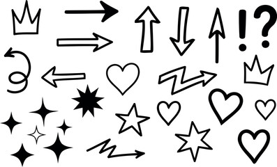 Collection of hand drawn doodle icons including arrows crowns hearts stars and exclamation marks