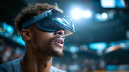 Man wears virtual reality goggles watching basketball game in stadium, futuristic arena displays game on big screens, athlete explores sports tech future, under soft arena light hi - Powered by Adobe