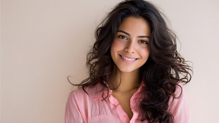happy young hispanic woman wearing a pink shirt smiling softly at the camera with a warm expression against a light cream background creating a simple natural and modern portrait