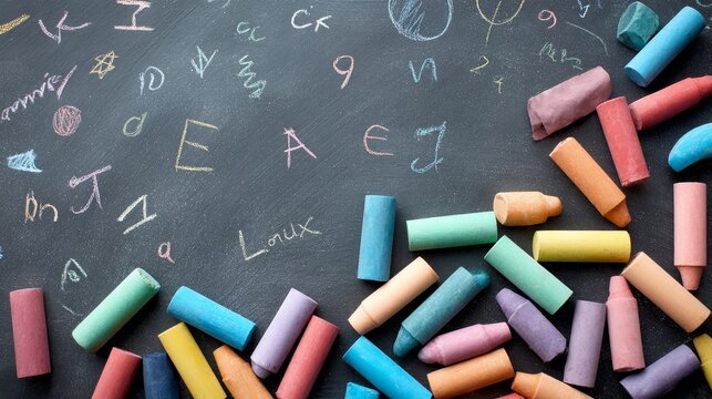 Colorful chalk crayons and childlike drawings on blackboard with handwritten letters artistic and playful classroom supplies for education and creativity