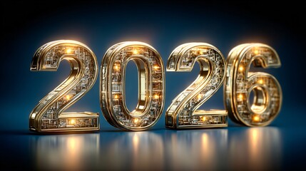 Golden 2026 numbers glowing with luxury lighting effects, Premium gold 2026 digits illuminated with reflections