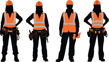 Female construction workers in safety vests and helmets, tool belts, professional labor silhouettes, industrial workforce, engineering team, workplace safety illustration