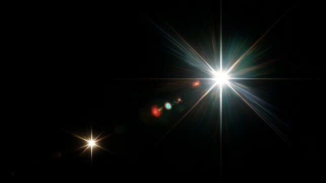 Digital overlay of vibrant multicolored lens flares and iridescent light streaks against black background with ample copy space on the right, emphasizing dynamic energy and modern visual effects