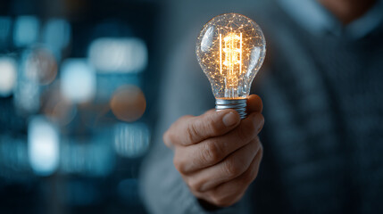 creative technology concept of man holding illuminated lightbulb with digital lights, innovation inspiration smart thinking modern business vision intelligent ideas and future development