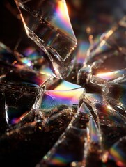 Shattered Glass with Refracted Light on Black Background