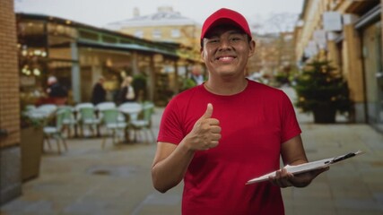 Man giving thumbs up while holding a clipboard on a street outside a restaurant terrace, smiling and pointing to paper; helpful friendly service.