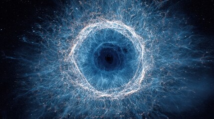 An enchanting cosmic eye emits energy surrounded by swirling colors in deep space evoking wonder.