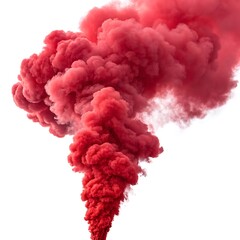 Vibrant red smoke plume billowing upwards against a white background cloud