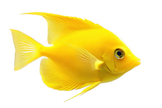 A radiant yellow fish, isolated on transparent background, swims gracefully, its fins extended, showcasing its beauty and elegance in a simple and clean composition