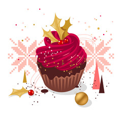 Christmas cupcake with cream and holly