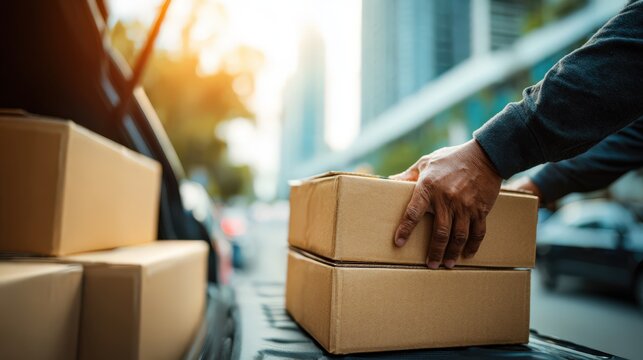 Close up of a man loading cardboard boxes into car trunk on a busy city street