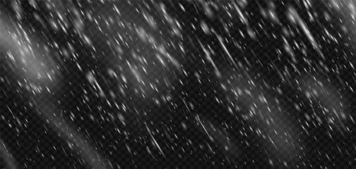 Snowstorm effect snow background blizzard with transparent falling snowflake overlay. Winter white frozen texture for ice storm or cold night sky. Isolated png flake frost pattern realistic © Mariia