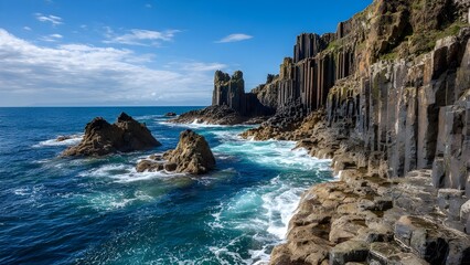 Volcanic basalt columns by the sea - hexagonal rock formations rising like organ pipes along a rugged coastline