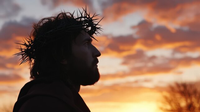 Silhouette of jesus christ with crown of thorns at sunset, religious reflection and spiritual symbolism