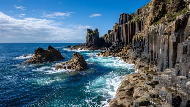 Volcanic basalt columns by the sea - hexagonal rock formations rising like organ pipes along a rugged coastline