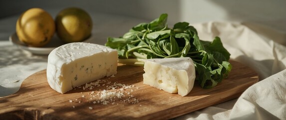 Fresh white cheese with greens on wooden board in natural light