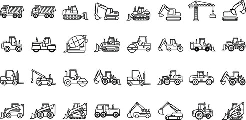 Large set of outline construction vehicles including dump trucks, excavators, bulldozers, cranes, forklifts, loaders and heavy industrial machinery icons