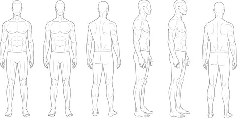 Male figure template, fashion croqui set, front, back, side view, man's body, technical drawing, turnaround sheet, vector sketch, isolated collection.